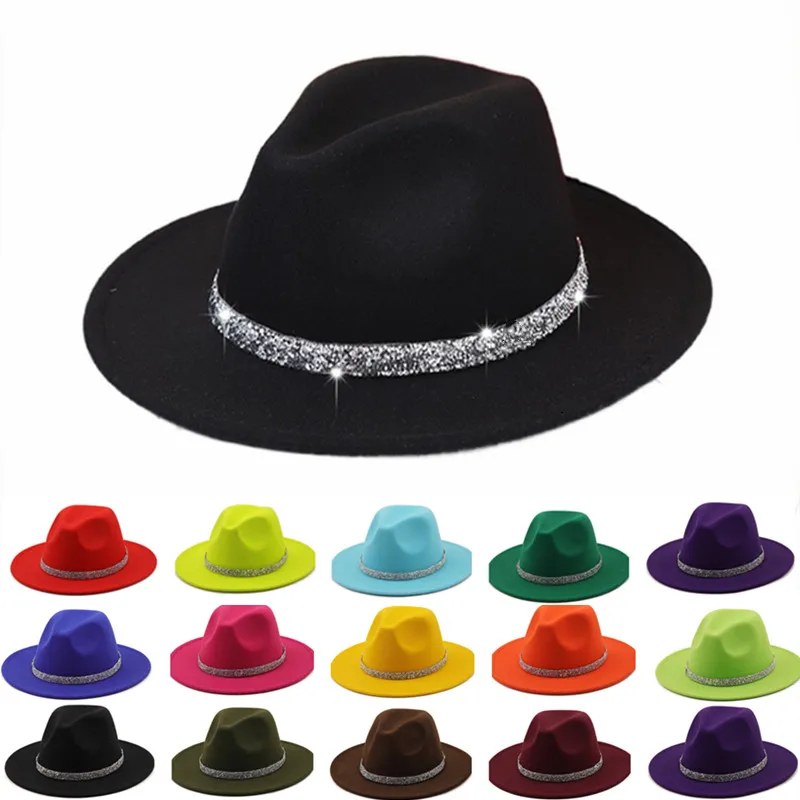 

Зимняя мужская и женская шляпа-федора со стразами и ремешком, модные шляпы унисекс федоры, Женская церковная шляпа, рок-шляпа, шапка со звездами, рок, джазовая шляпа