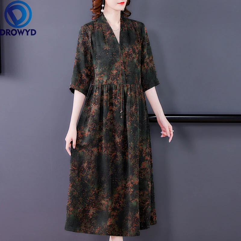 

Women Boho Maxi Dress Summer 2021 Casual Three Quarter Sleeve Print Patchwork Silk High Waist V-Neck Dresses Robe Party Vestidos