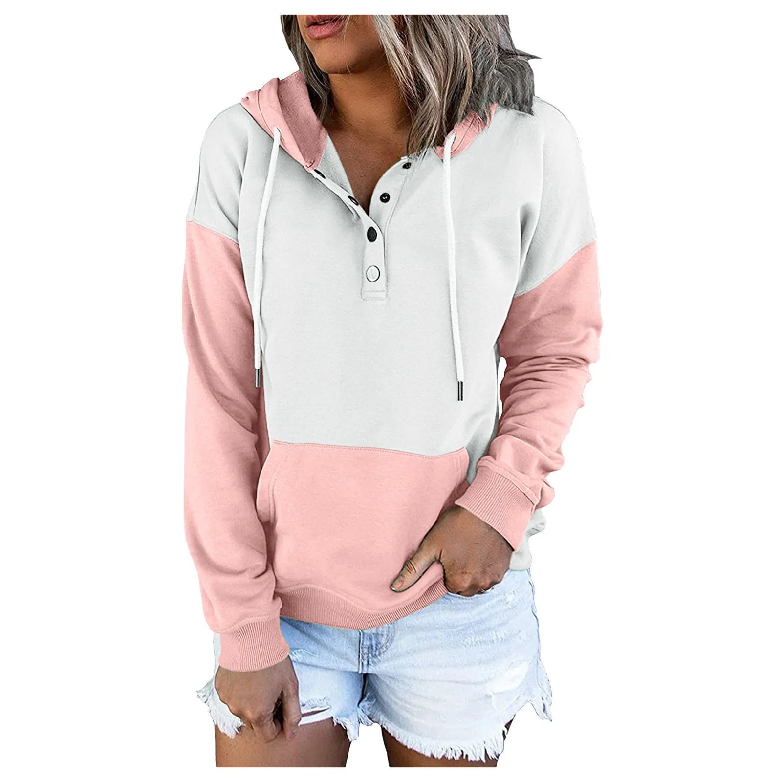 Women Hooded Pullover Patchwork Long Sleeve Button Down Hoodies Casual Long Sleeve Fashion Sweatshirts Top With Pockets#A