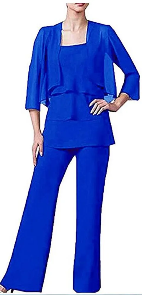 Black 3 PCs Chiffon Mother Of the Bride Plus Size PantSuits 3/4 Long Sleeve Mothers Suit With Short Jacket for Wedding | Свадьбы и