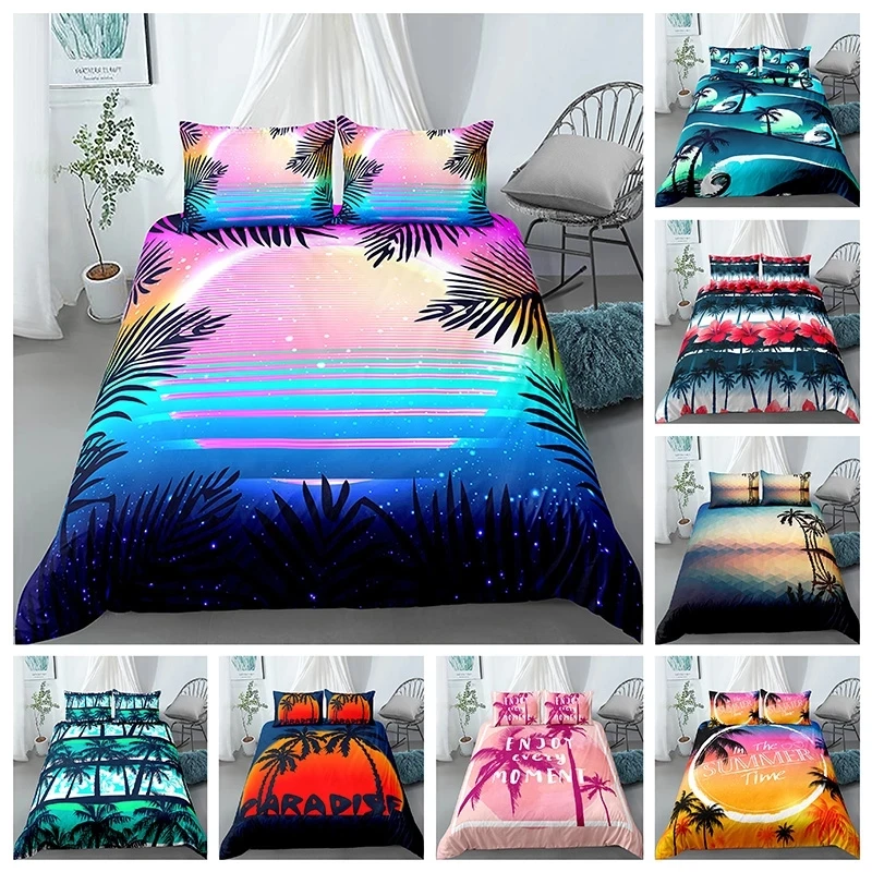 

Tropical Coconut Tree Bedding Set Sunset Sunrise Twin Size Duvet Cover Pillowcase King Queen Bed Sets 2 Or 3pcs