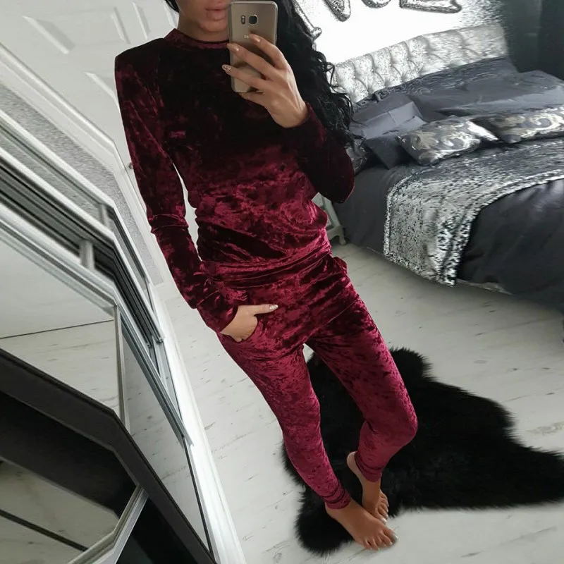 Women Autumn Long sleeved High Collar Two peice sets Sequin Tracksuit Solid Color Warm Clothes | Женская одежда