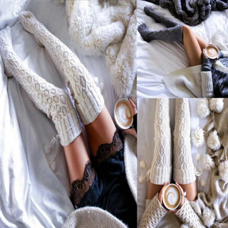 

Женские хлопковые чулки до бедра, длинные вязаные носки выше колена, модные осенне-зимние длинные носки