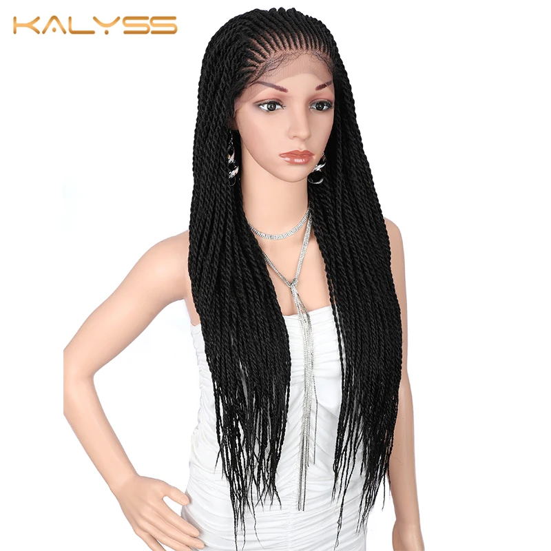 Kalyss 31 дюйм(ов) 13x5 ручной плетеные парики для чернокожих Для женщин синтетический Синтетические волосы на кружеве парик фронтальной натуральный черный косы заплетать парики для волос