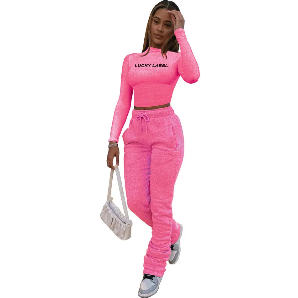 

Women Sets Lucky Label Activewear Crop Top Stacked Bellbottom Pants Matching Set Tracksuit Fitness Two 2 Piece Set Outfit