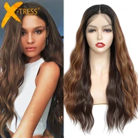 x tress natural wave synthetic lace front wigs medium length free part lace wig for women ombre brown soft fluffy daily hair wig