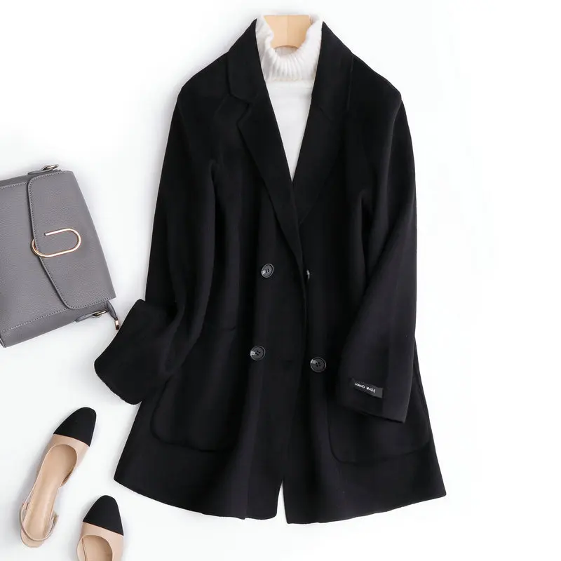 

Женское весеннее кашемировое пальто, Черное короткое двухстороннее пальто из 100% шерсти, легкая куртка с воротником для костюма