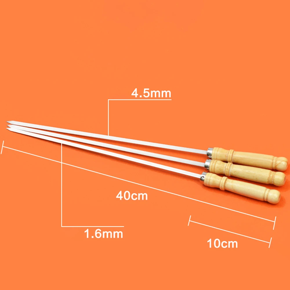 

10PCS/Set 40cm Wooden BBQ Handle Roasting Needle Kebab Skewer Stainless Steel Barbecue Meat Grill Fork Outdoor Cooking Tools