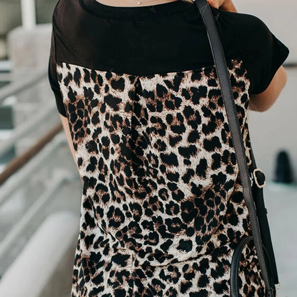 

3XL Plus Size Casual Streetwear Summer Loose Women Fashion V Neck Leopard Sunflower Pocket Patchwork Loose Blouse T-shirt Top