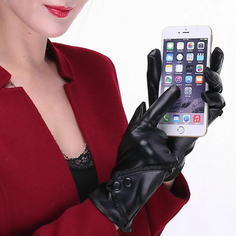 

Fashion Gloves Women's Leather Winter Warm Driving Soft Lining Thermal Waterproof Solid Gloves