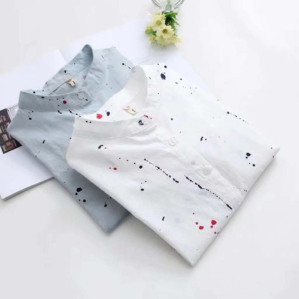 Модная женская блузка с длинным рукавом и принтом на пуговицах Корейская рубашка