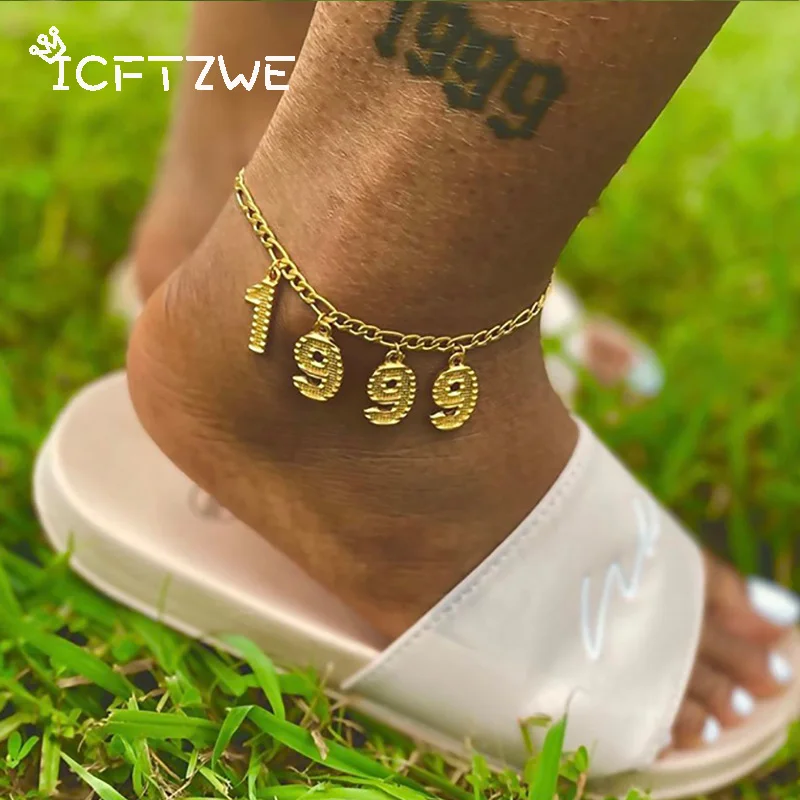 

Custom Digital Anklets For Women Personalized Birth Year Number Anklet Stainless Steel Gold Foot Chains Birthday Jewelry Gift