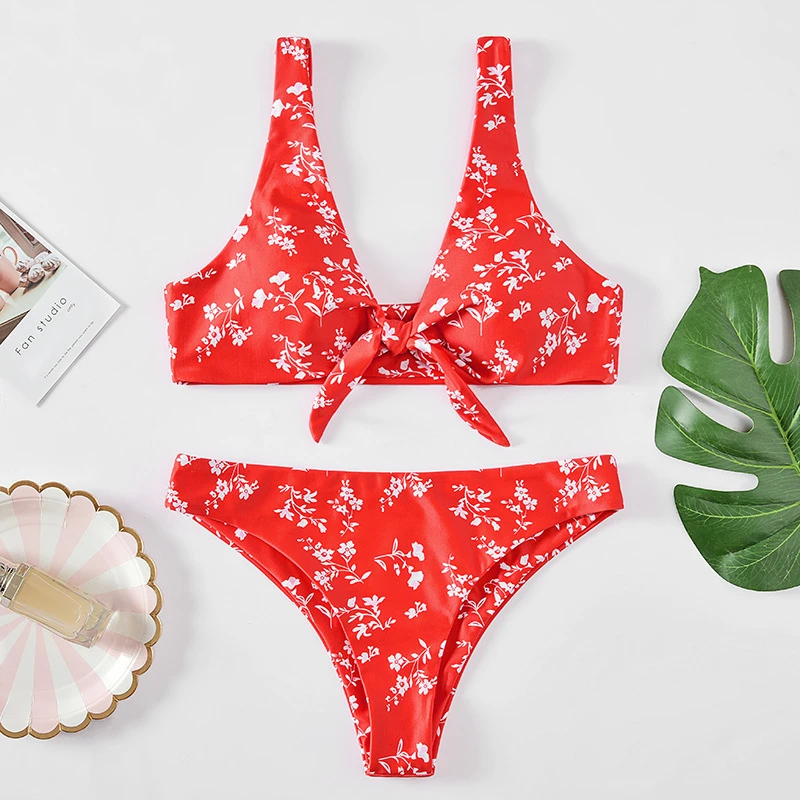 Красный купальник с цветочным принтом сексуальный купальный костюм комплект