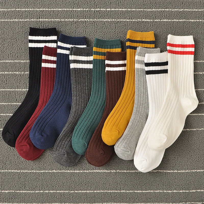 Spring Socks Women Woman Korean Version of The Two Bars Japanese Striped Cotton Tube Pile Socks Ins Tide Socks College Style