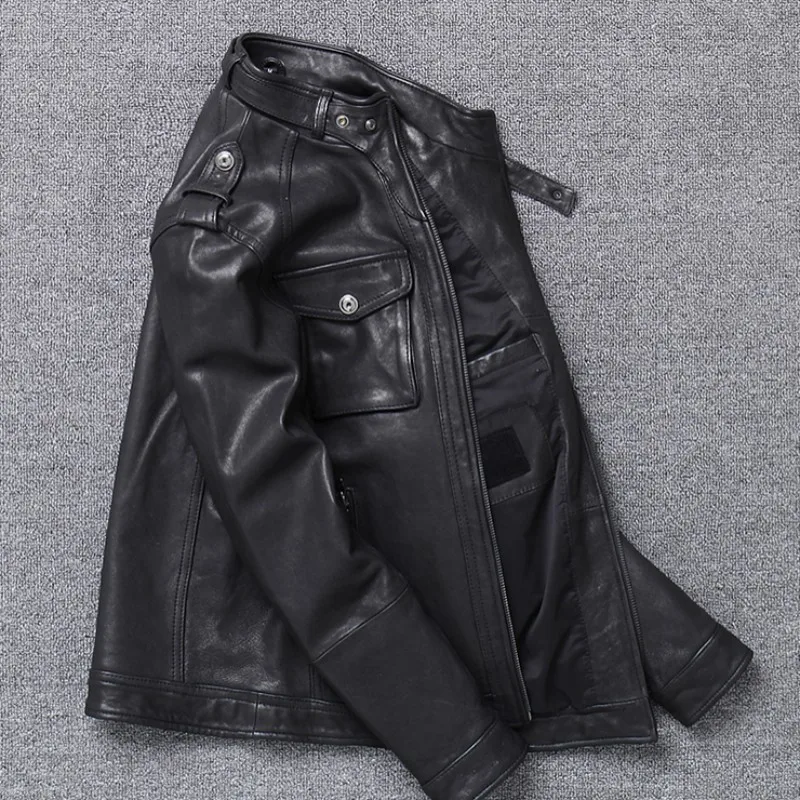 

Real Brand Biker Leather Jacket Men Spring New Slim Zipper Sheepskin Short Coat High Quality Black Office Outerwear Plus Size