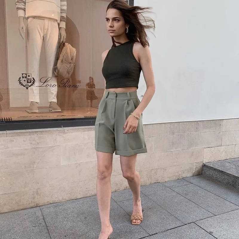 

Women Solid Casual Loose Woman Shorts High Waist Half- Length Pocket Zipper 2020 Autumn Summer Shorts For Women Short Pants New