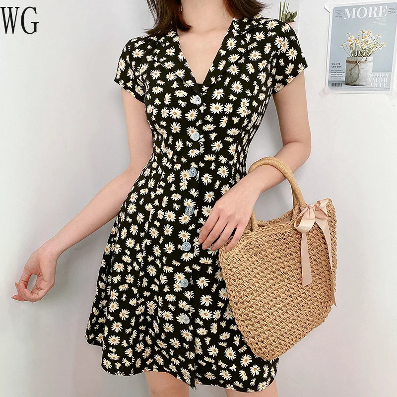 Женское платье с v-образным вырезом модная Маргаритка цветочным принтом черные