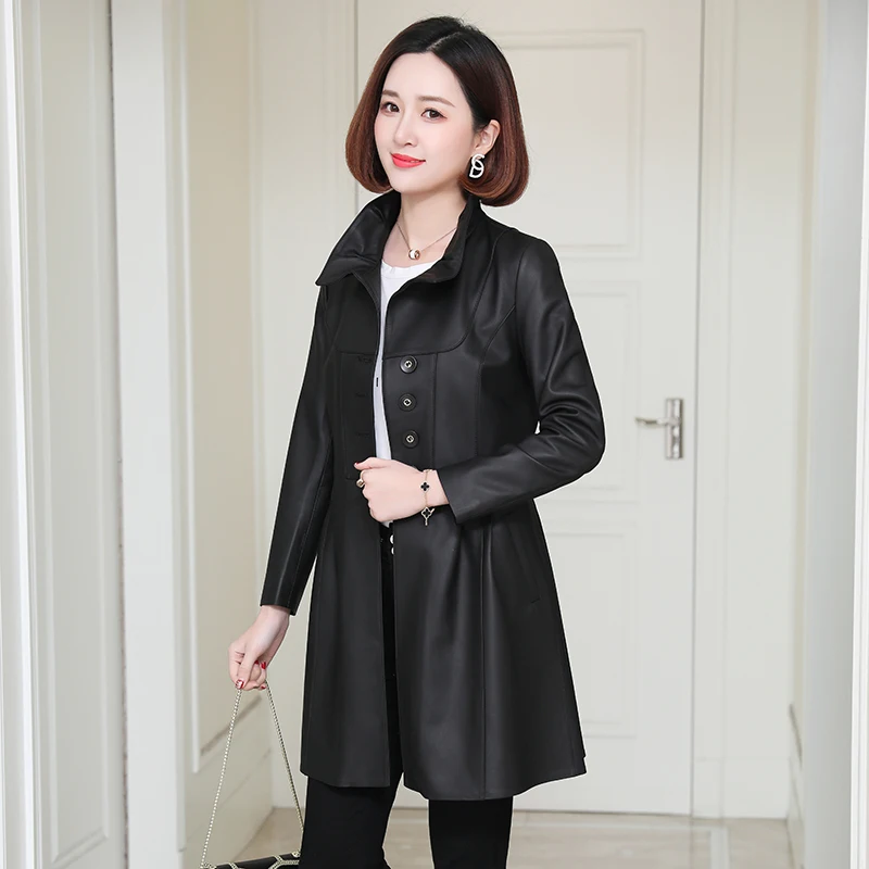 

2020 new autumn leather coat women's Haining sheep skin coat medium length slim windbreaker fur coat looks thin