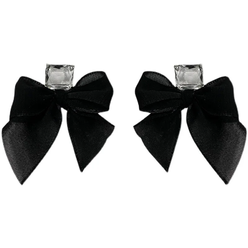 

LOVOACC Korean Black Color Cloth Bowknot Earrings for Women Lady Clear Rectangle Crystal Rhinestone Knotted Drop Earrings Gifts
