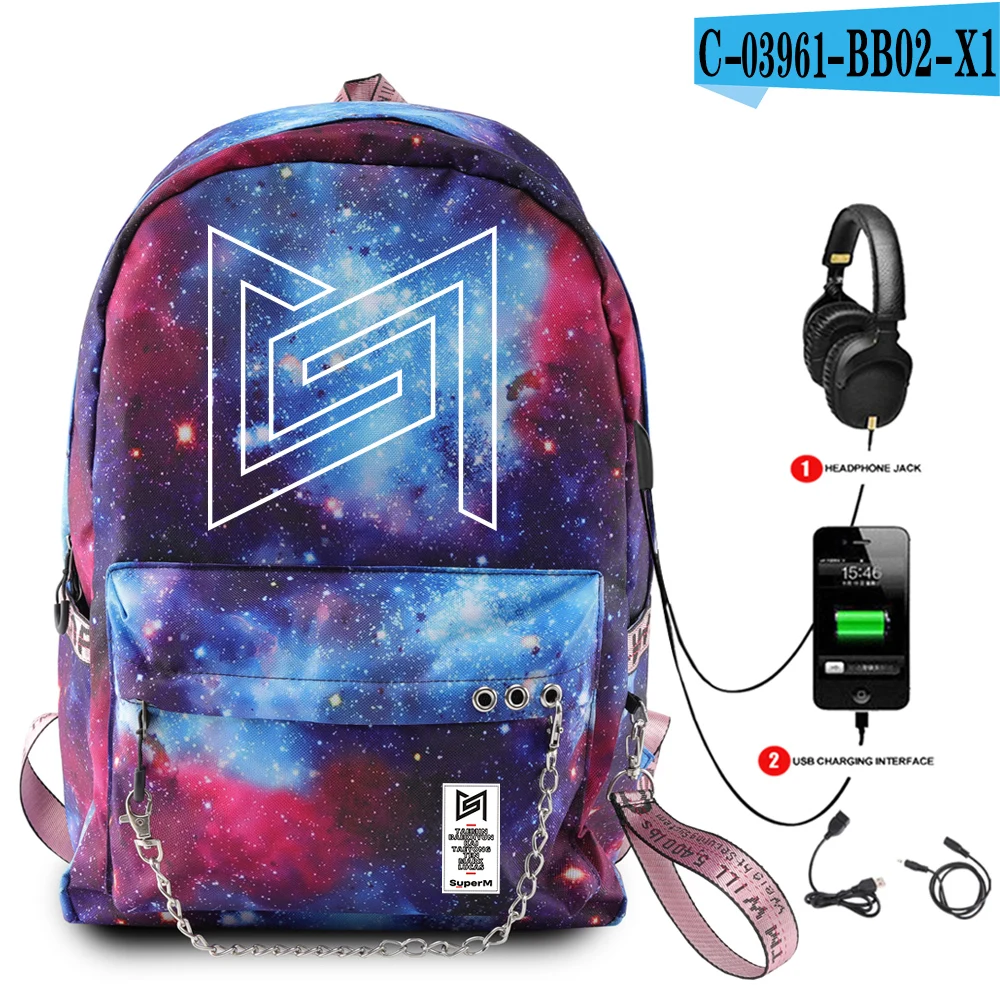 SuperM рюкзак KPOP крутой логотип команды стильный с подвесным орнаментом с USB молнией модный рюкзак для путешествий - Цвет: BB02