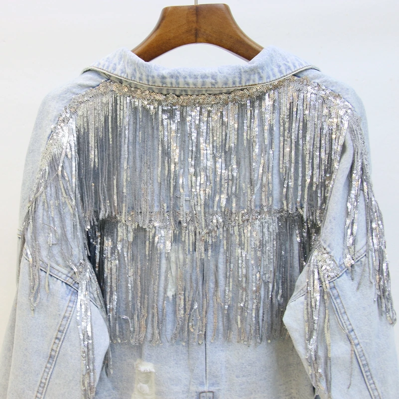 2019 Осенняя новая джинсовая куртка с блестками и кисточками Женская свободная