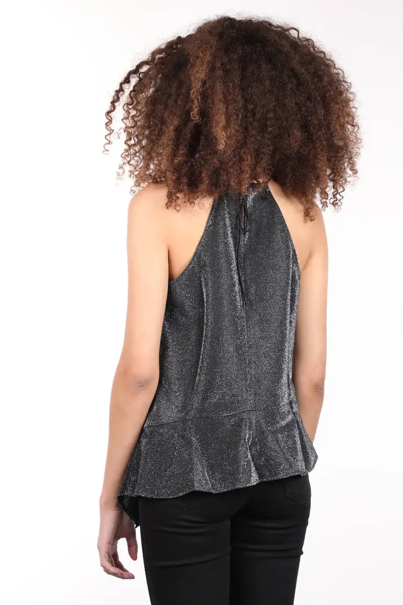 

Silvery Halter Neck Asymmetric Cut Women Blouse