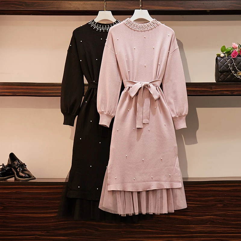 Большие размеры женский осенне зимний вязаный свитер сетчатая юбка комплект с