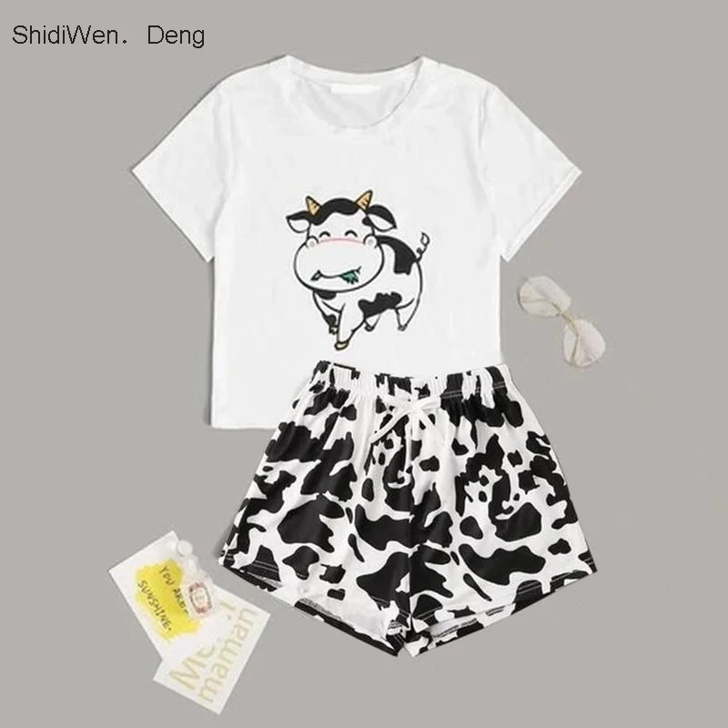 

Cotton Pajama Set Female Cow Print Pijamas Mujer Short Sleeve T-Shirt and Shorts Ladies' Pyjamas Summer Sleepwear Home Clothes