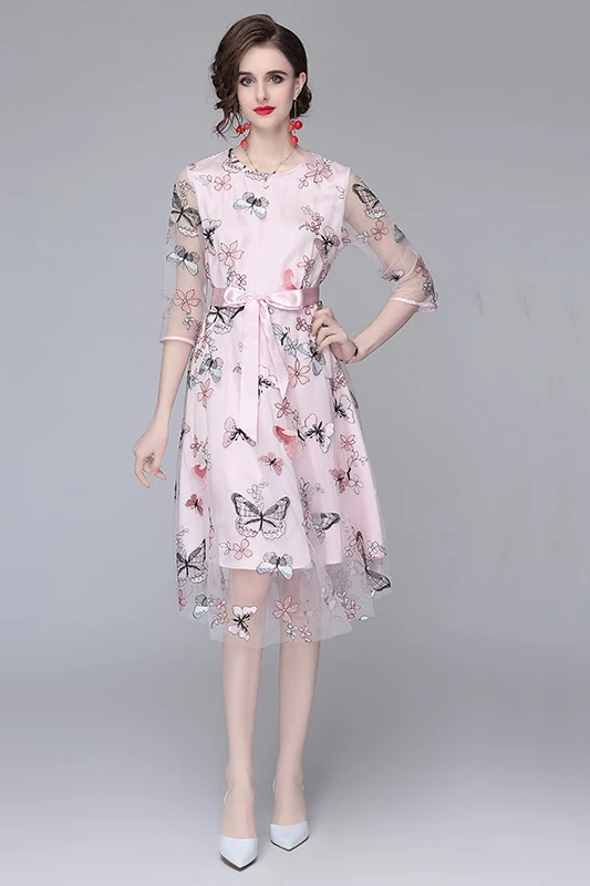 

COIGARSAM Embroidery Women dress New Mesh Dresses Pink Lavender 8637