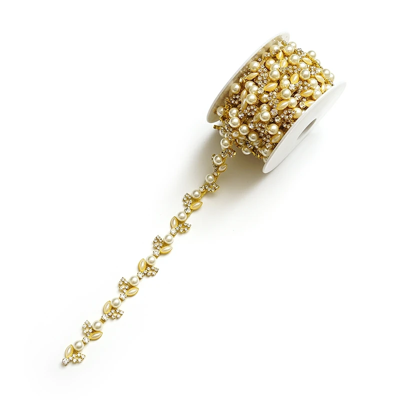 

1.5cm wide Pearl Beads Rhinestone Beaded Chain Wedding Dress Costumes Supplies