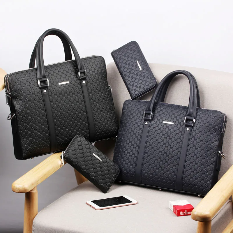

Business Bag Briefcase Men Double Layers Embossing Letters Microfiber Synthetic Leather Casual Shoulder Handbag Laptop Bags