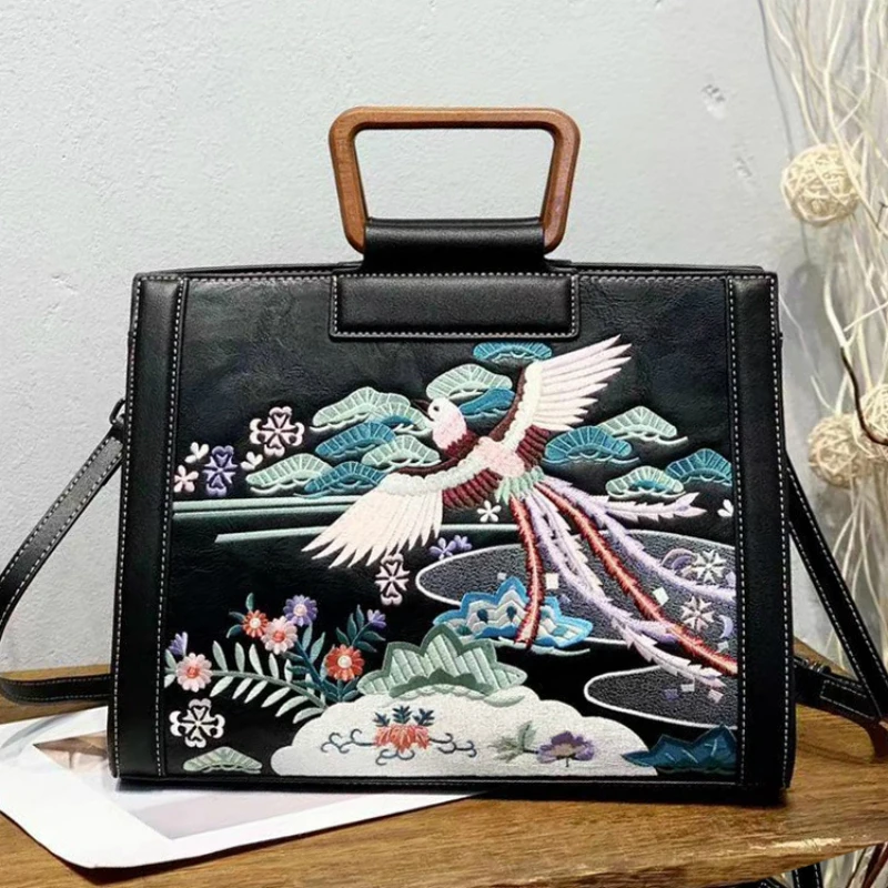 

Женская кожаная сумка через плечо в китайском стиле, винтажные сумки с вышивкой и ручками, женская сумка через плечо, Дамские кошельки, нови...