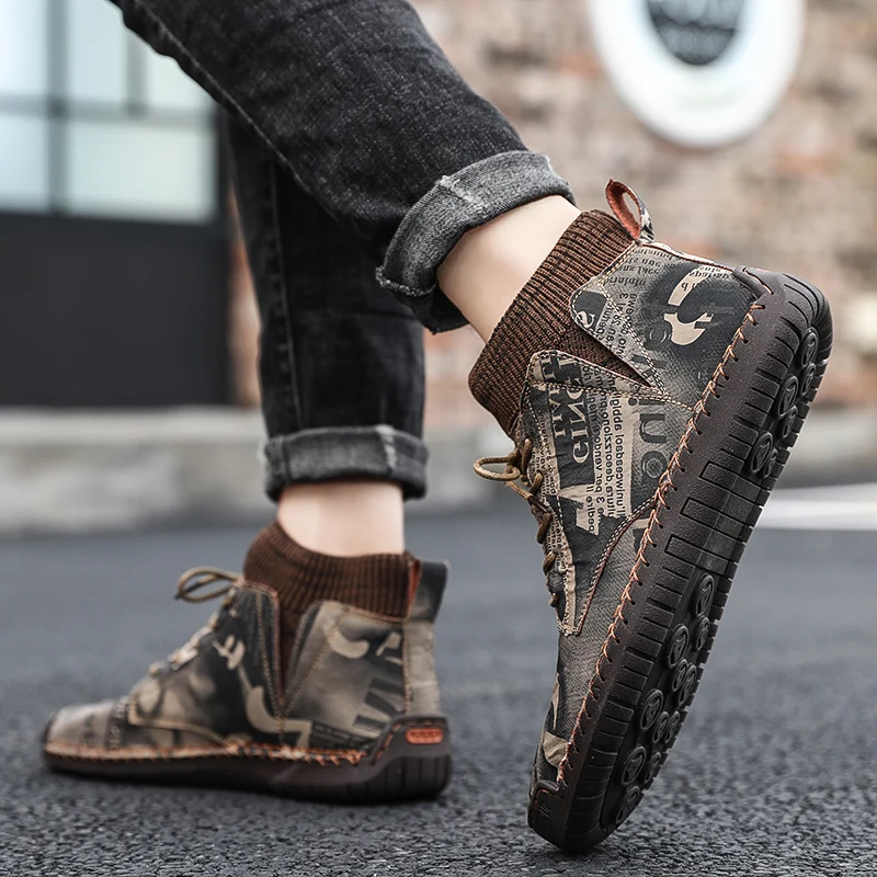 

Allwesome Winter Men Ankle Boots Quality Leather Camouflage Safty Shoes Warm Men's Snow Boots Plush Flats Sneakers Size 38-48