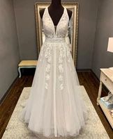 boho v neck wedding dress lace appliques flowers backless a line 2021 vintage sleeveless robe de mariee charming for women tulle