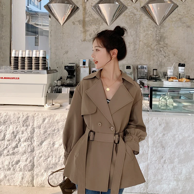 

Женский, Осенний тренчкот с двойным поясом и воротником