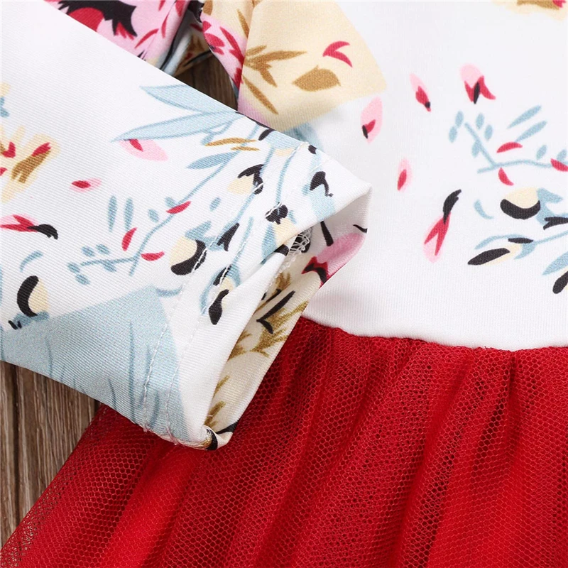 Pudcoco 2020 Princess Kid Dresses For Girl Toddler Baby Floral Ruffle Long Sleeve Tulle Tutu Red Dress Outfits Set | Детская одежда и