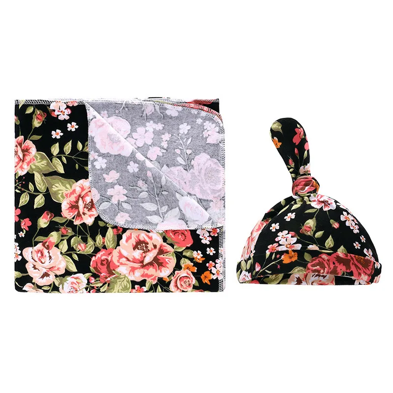 Black Flowers 1 комплект для новорожденных от 0 до 6 месяцев, муслиновое одеяло для пеленания+ шапочка для маленьких мальчиков и девочек, спальный мешок для младенцев - Цвет: Black Flowers
