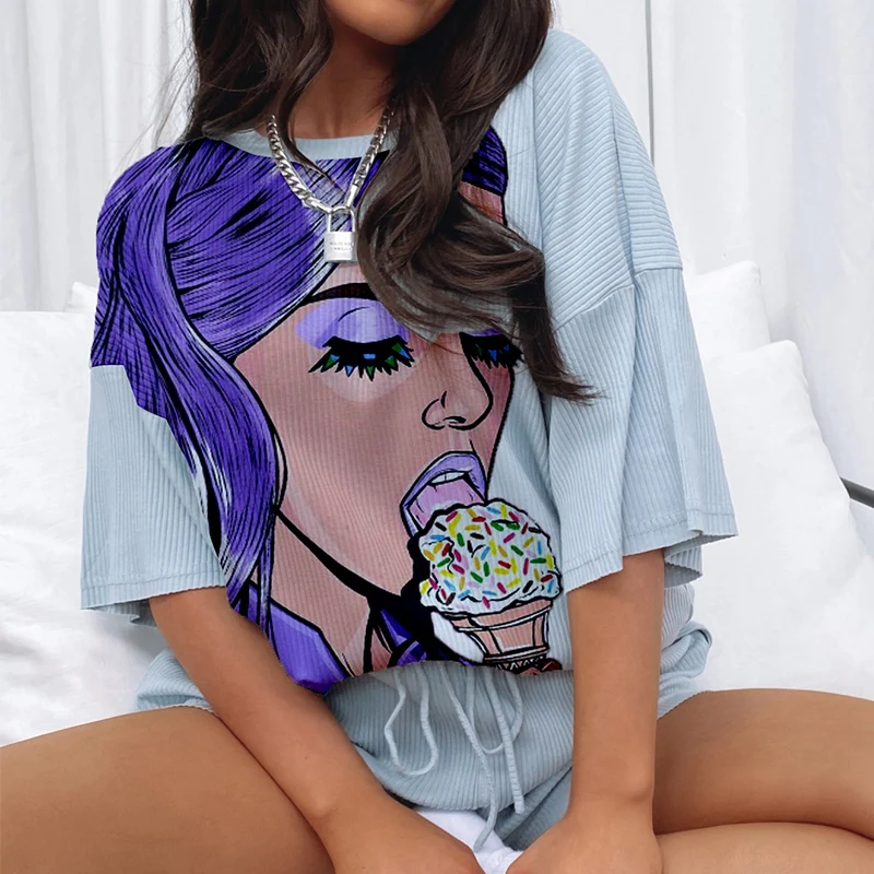

Summer Print Casual Women Tracksuit Two Piece Set Fashion O Neck Short Sleeve T Shirts Tops + Loose Shorts Pants Suits Homewear