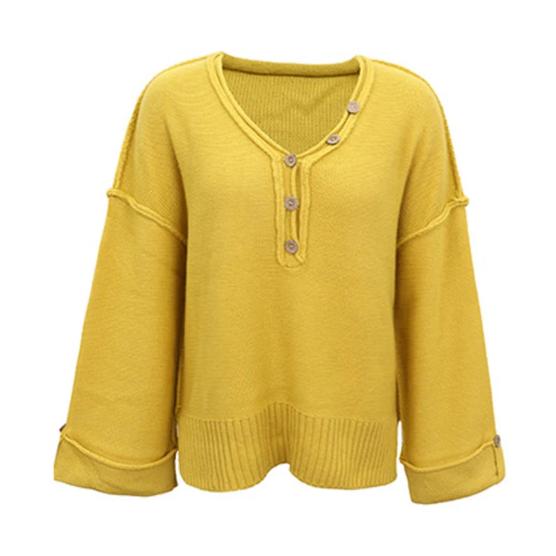

Solid Color Button V Neck Knitted Sweaters For Women 2021 Autumn Winter Fashion Oversized Pullover Female Jumper Casual Knitwear