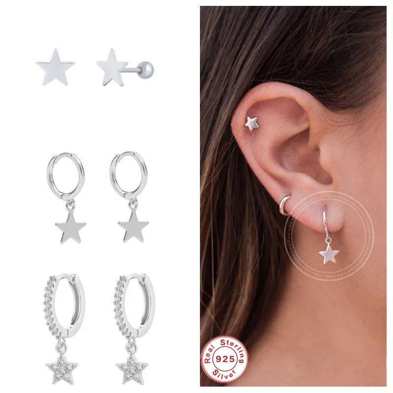 

GS 925 Sterling Silver Classic Zircon Star Moon Pendant Hoop Earrings For Women Crystal Pentagram Earrings Jewelry Pendiente