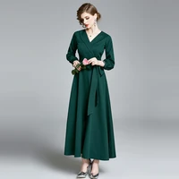 zuoman women spring autumn elegant green dress festa high quality long maxi party robe femme vintage designer a line vestidos