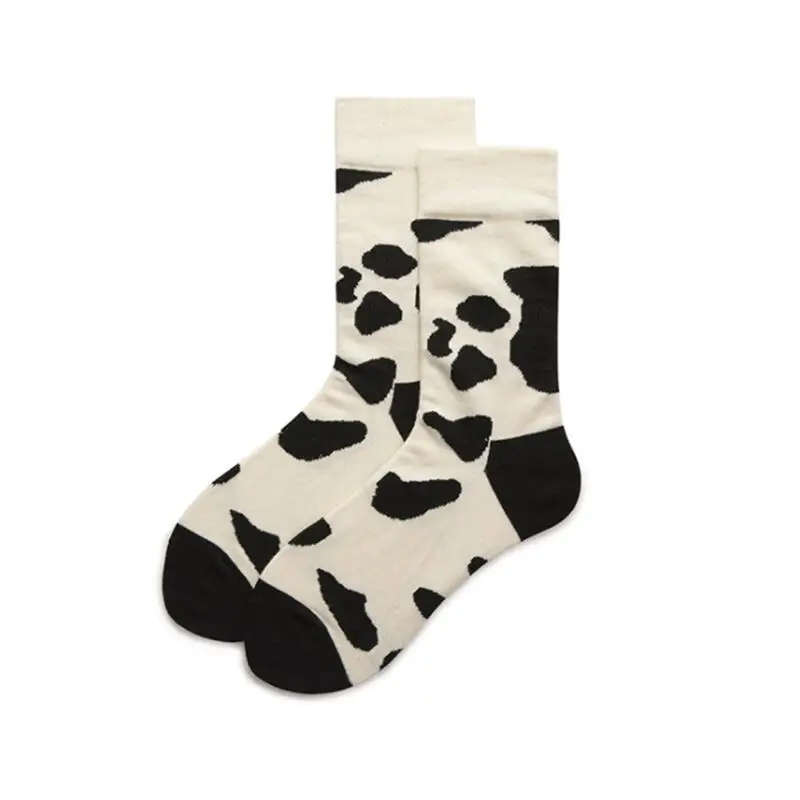 Women Men Solid Cow Print Cotton Sport Socks Ankle Socks Girls Unisex Ivory Base Black Pattern Winter Socks 5 pairs/ lot AL184SC