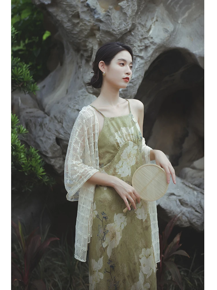 

French retro style gentle knitted print fairy sling dress summer hanfu