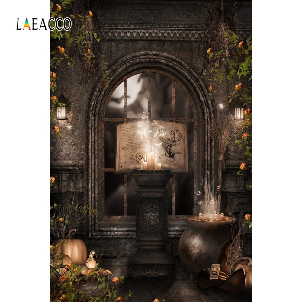 

Laeacco Photography Backgrounds Brick Door Bat Altar Skull Bones Horrible Night Halloween Backdrops Photophone For Photo Studio