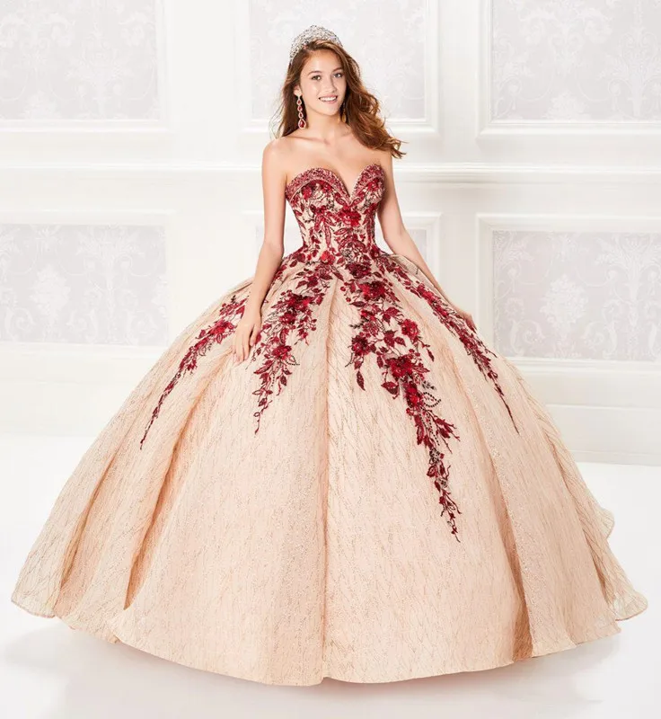 

2020 Ball Gown Champagne Quinceanera Dresses Beaded Bodice Corset Red Appliqued Prom Dress Gorgeous Glitter Princess Gowns