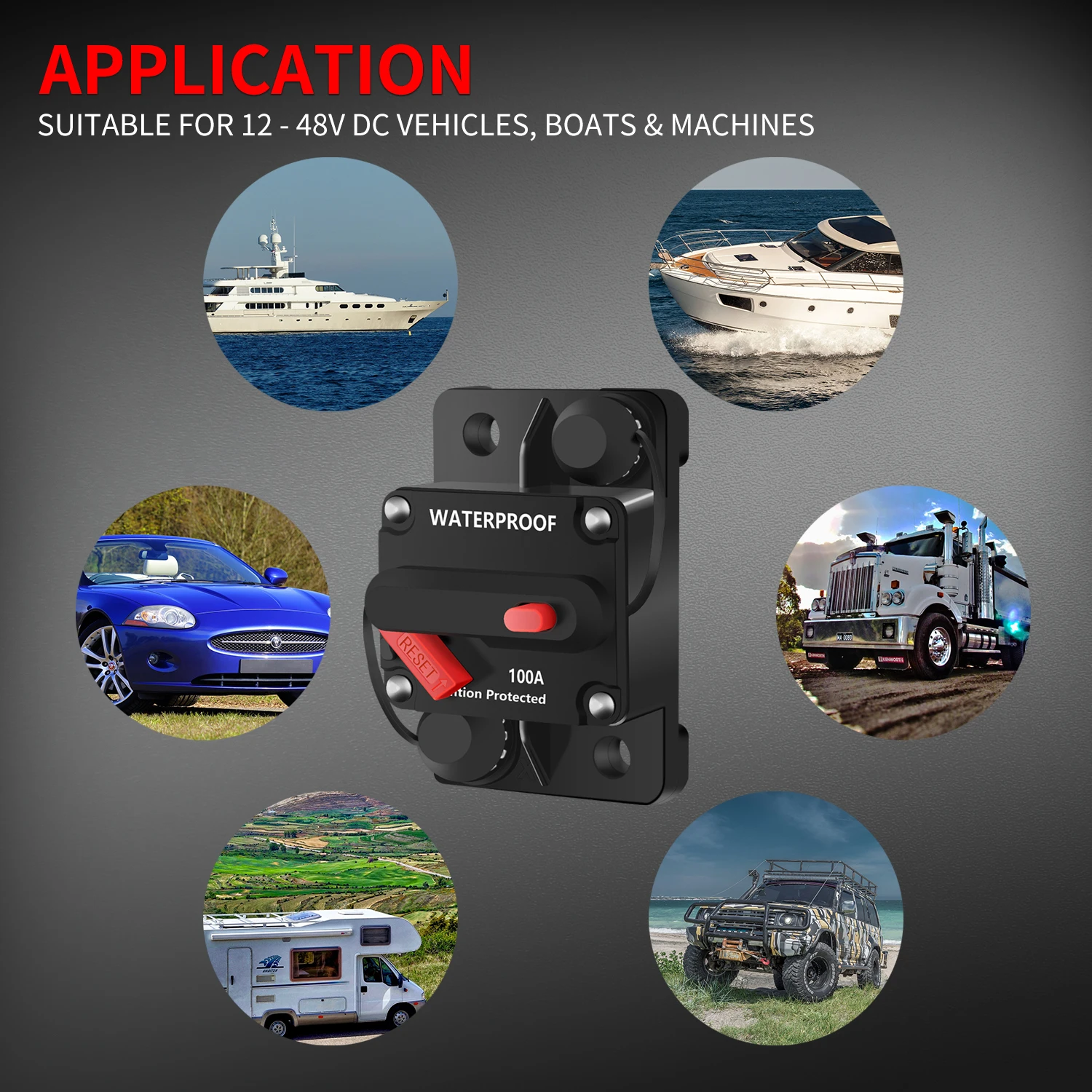 1PC 50A 60A 80A 100A 150A 200A 250A 300A AMP Circuit Breaker 12V - 48V DC Manual Reset Waterproof For Marine Boat Car Automotive купить по