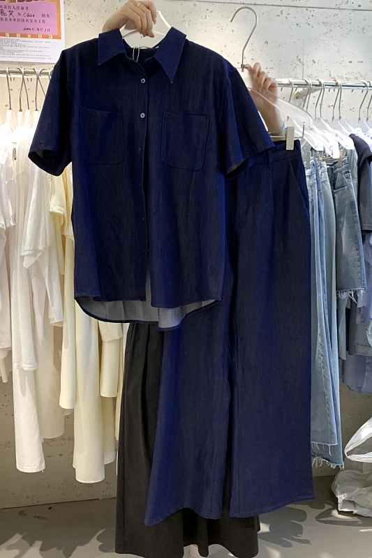 

Loose Leisure Two Piece Suit 2021 Summer Women New Thin Denim Shirt Short Sleeve Blouse Elastic Waist Pant Straight-Leg Trousers