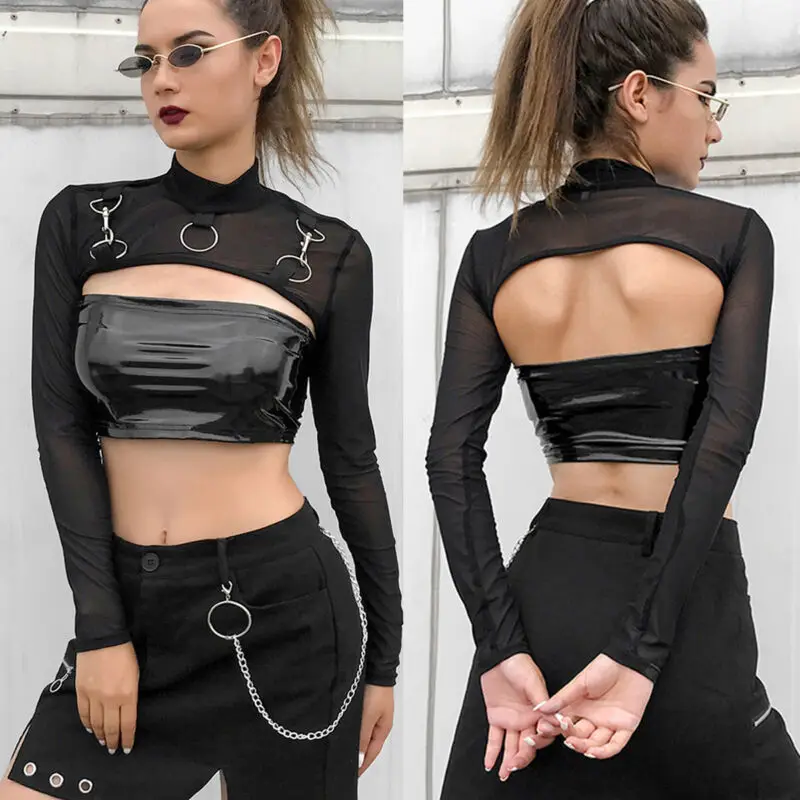 

Summer Sexy Mesh See Through T-Shirts Black O-Neck Long Sleeve Turtleneck Sheer Transparent Short Crop Tops Sexy Club Party Top