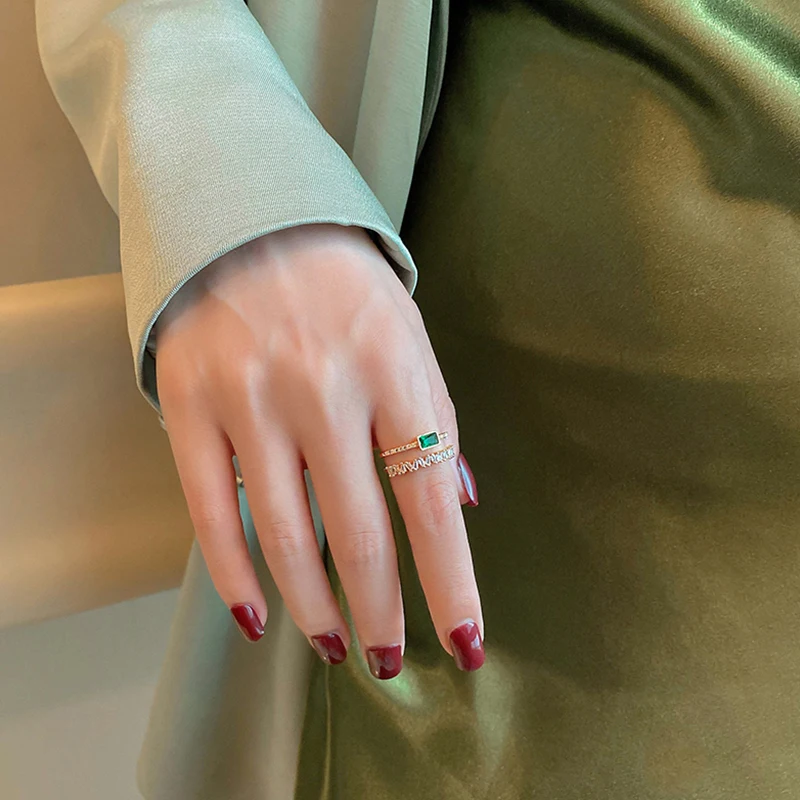 

2021 Luxury Green Crystal Open Rings Fashion Adjustable Double-Layer Opening Ring for Girls anniversary Party Woman Jewelry