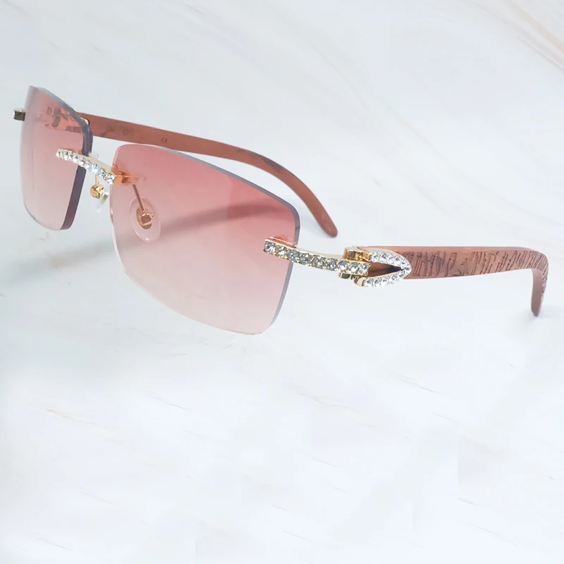 Wooden Sunglasses Men Rhinestone Rimless Carter Square Color Craved Wood Sun Glasses Diamond Shades Iced Out Decoration Eyewear |
